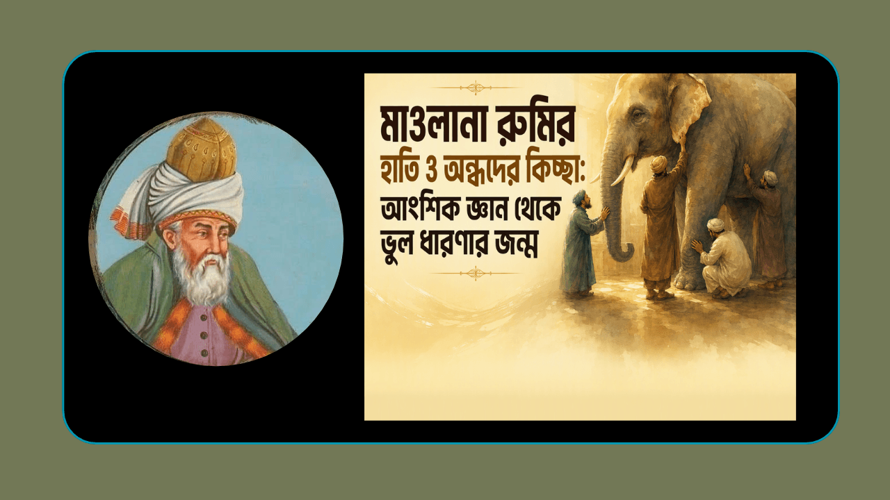 মাওলানা রুমির হাতি ও অন্ধদের কিচ্ছা—অন্ধকার ঘরে হাতির আকৃতি স্পর্শ করে বোঝার চেষ্টা